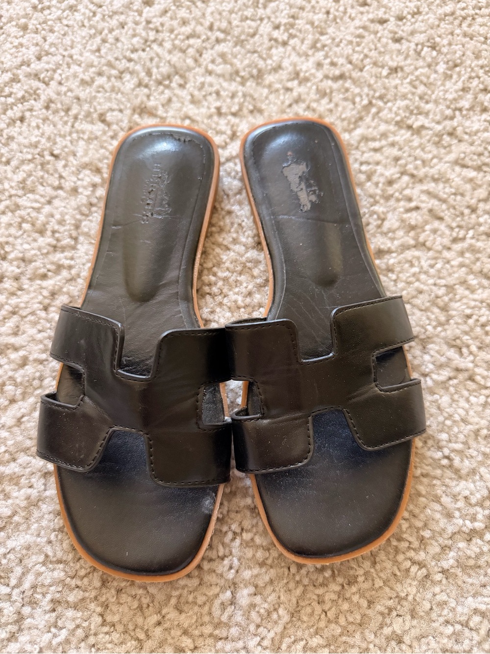 Black Leather H-Cut Slide Sandals with Tan Trim